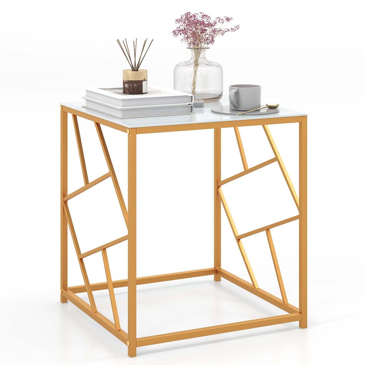 Costway 19.5'' Side Table Square Bedside Sofa Accent Coffee Table with Tempered Glass Top